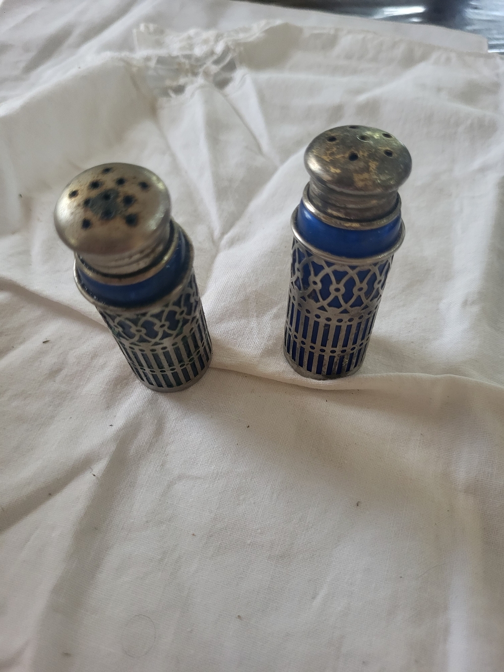 Cobalt Blue Glass Silver Plate Salt Pepper Shakers Two Sets, Vintage